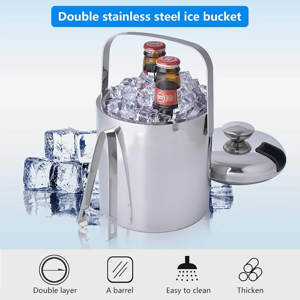 

Ice Cube Container Stainless Steel 1.3 L Ice Cube Cooler with Ice Tongs Strainer and Lid Double-Walled Insulated for Hotel Club