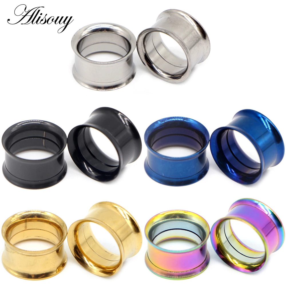 

Alisouy 2pcs Surgical Steel Colorful Anodized Thread Double Flared Hollow Ear Flesh Tunnel Plug Ear Expander Gauge Body Jewelry