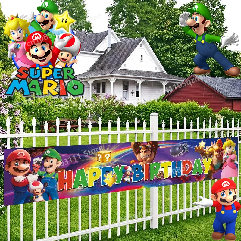 

Game Super Mario Bros Cartoon Birthday Banner Outdoor Flag Decorate Children's Birthday Party Supplies Garten House Boys Gifts