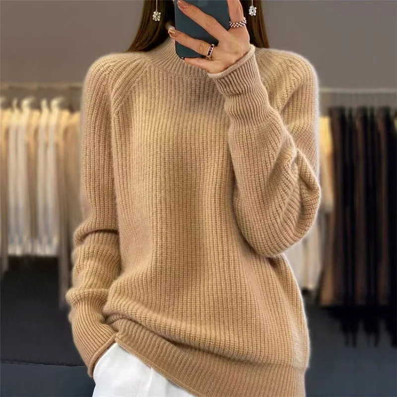 Elegant Solid Warm Knitted Tops Autumn Winter New Casual Long Sleeved Commuting Jumpers Fashion Simple High Collar Soft Sweater