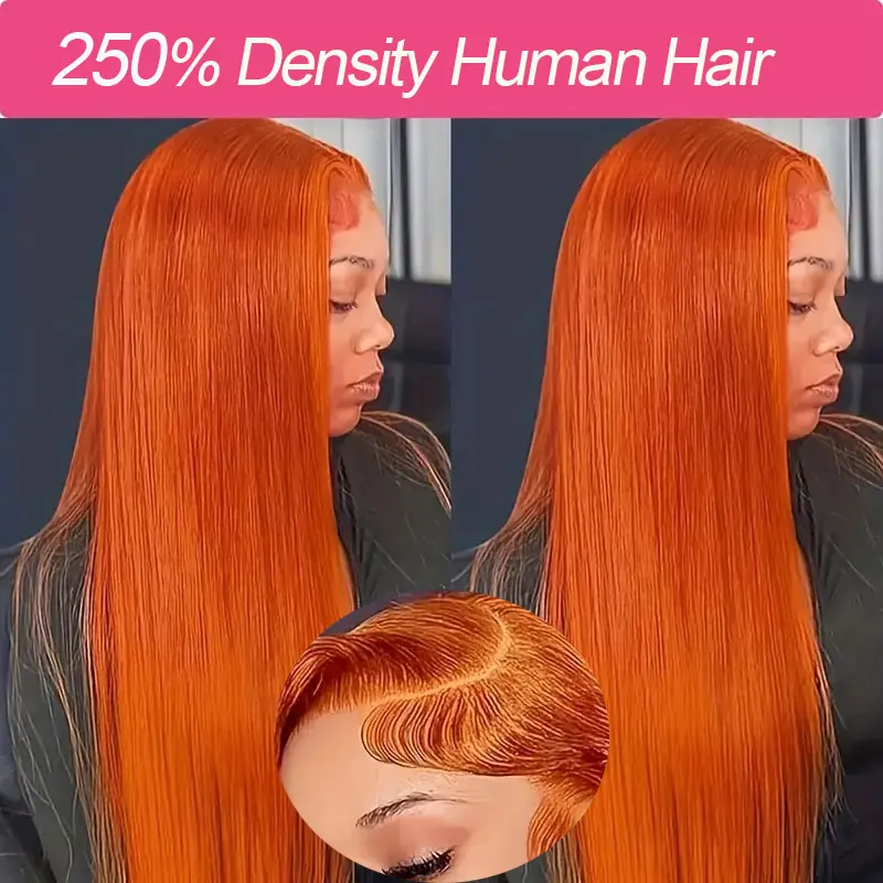 Pelucas delanteras de encaje naranja jengibre cabello humano pelucas frontales de encaje 13x4 prearrancadas con 250% de densidad Color de cabello liso brasileño 350 #