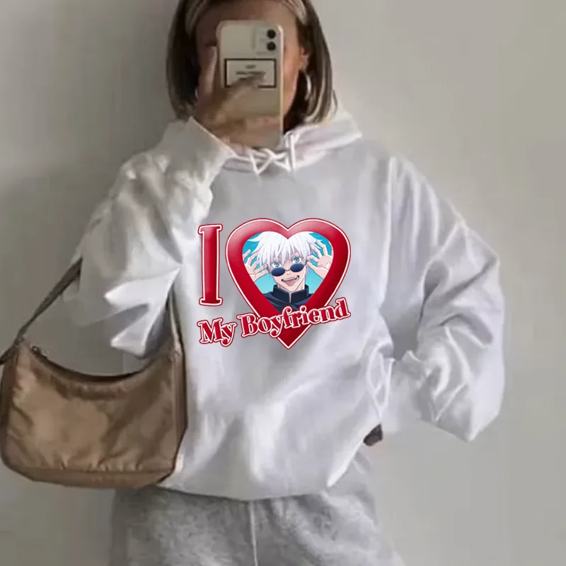 Men Women Anime Hoodie I Love My Boyfriend Satoru Gojo Pullover Y2k Vintage Aesthetic Graphic Sweatshirt Unisex Harajuku