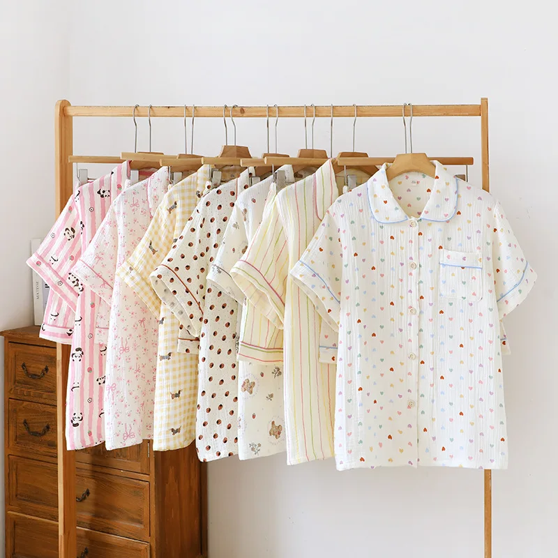 

Cotton Double-layer Crepe Multi Colors Cartoon Printing Women's Home Clothes Short Sleeve Shorts Summer Loose Sleepwear Set