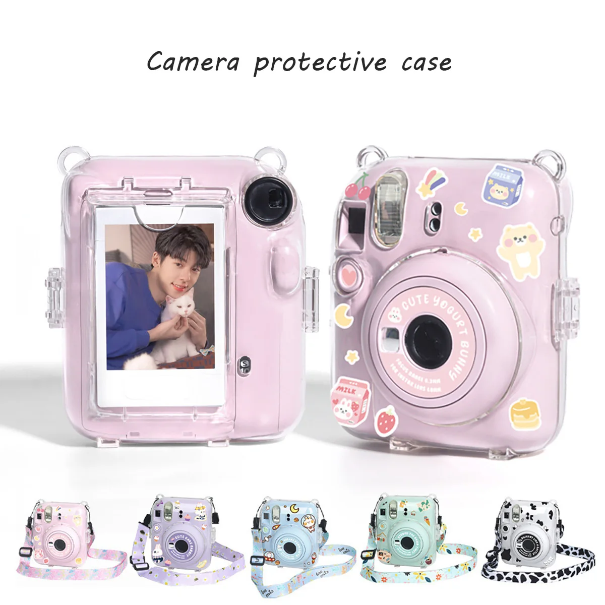 Transparent Film Storage Bag, Camera Bag, Travel Protective Case Three-Piece Set for Fuji Mini 12, with Cute Stickers - view 2
