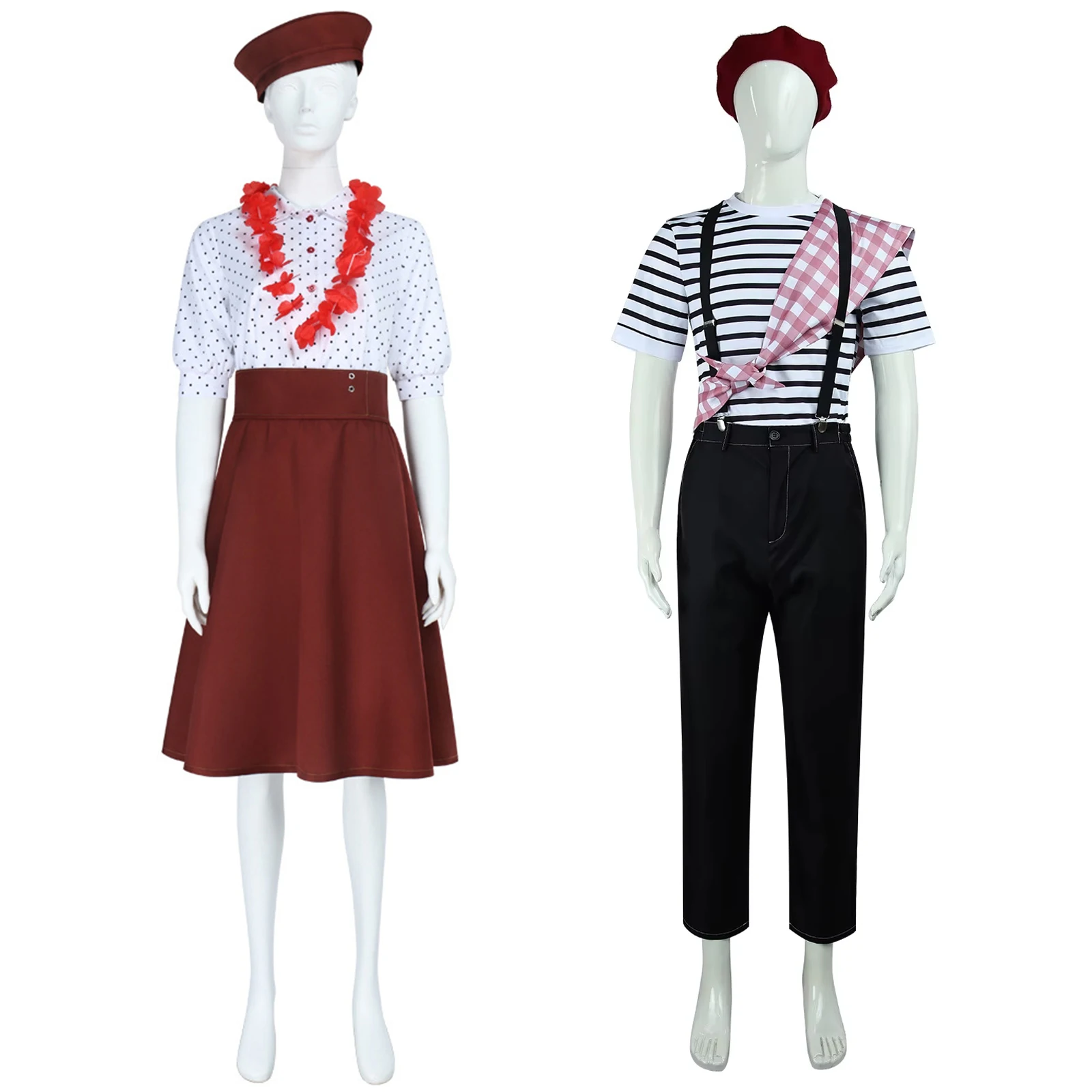 

Gustave Sophie Cosplay Costume Game Men's Striped T-shirt Strap Pants Set Women polka dot shirt Halloween Carnival Party Outfit