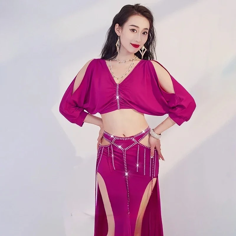 Feminino meia manga superior + abs pedras saia longa 2 peças para menina oriental dança do ventre outfit dança do ventre desempenho traje conjunto