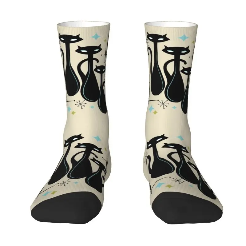 Custom Fun Mens Modern Meows Atomic Age Black Kitschy Cats Dress Socks Unisex Breathbale Warm 3D Printing Crew Socks