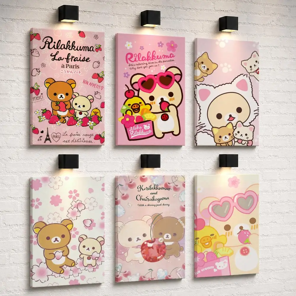 Cute Anime Bear R-RilakkuMAs Framed Wall Painting Ready to Hang Canvas Poster for Bedroom Living Room Hallway Home Decor Gift