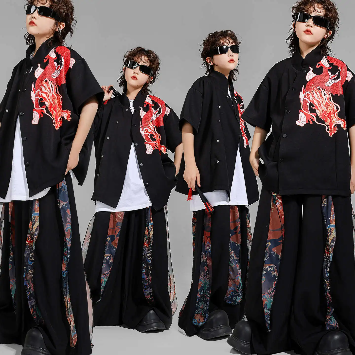 

Kid Chinese Wuxia Hip Hop Clothing Black Dragon Print Short Sleeve Shirt Mesh Wide Leg Pants for Girl Boy Dance Costume Clothes