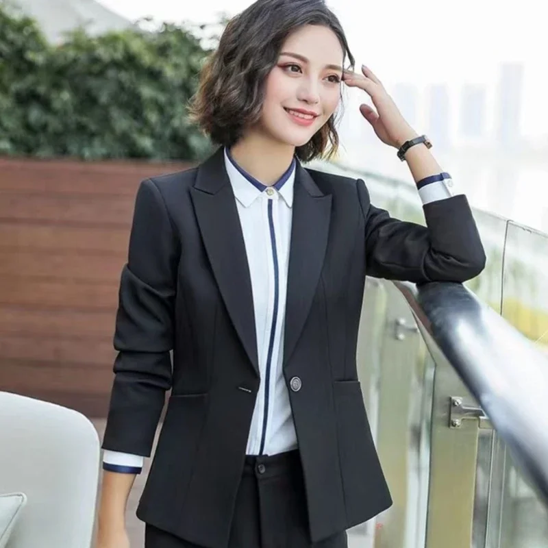High Quality Women's Solid Color Single Breasted Blazer Slim Fit Interview Professional Suit Jacket Spring Autumn Black