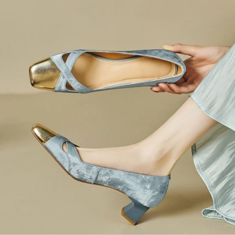 Spring Summer Women's Shoes Elegant Hollow Square Toe Block Heel Pumps, Blue Gold Cross Strap Vintage Mid Heel Dress Sandals