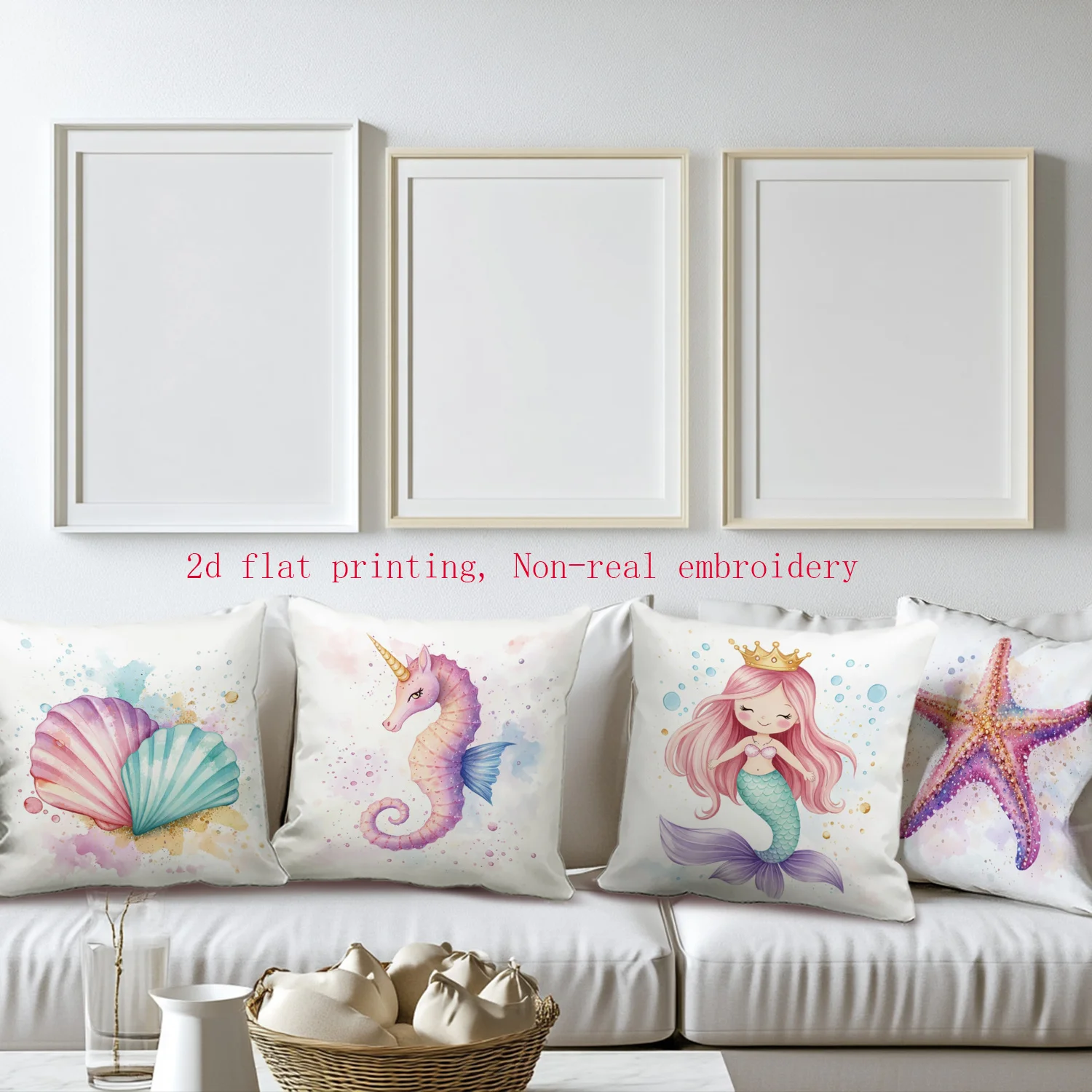 Set of 4 Ocean Mermaid & Seashell Throw Pillow Covers - Watercolor Beach Decor for Nursery or Bedroom