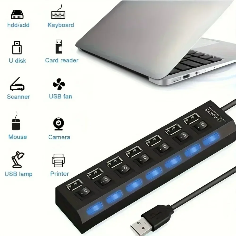 4/7 Ports LED High Speed USB 2.0 Hub 5Gbps Multi Ports USB Power Adapter Expander USB Splitter With Switch For Laptop Computer