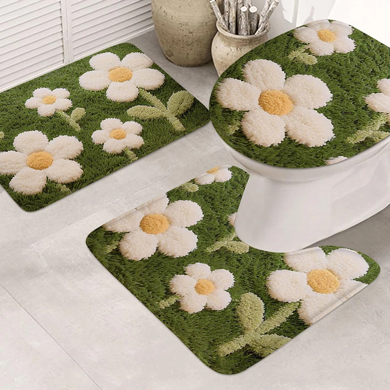 3pcs Korean Style Bathroom Floor Mat U-Shaped Toilet Lid Mat Laundry Room Anti Slip Mat Bathroom Foot Carpet Bedroom Door Mat