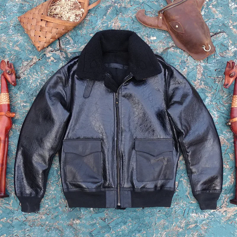 

Glossy Vegetable Tanned Leather Wax Inteated Wool eepskin Glass Texture Worn in Warm Resistant to Dirt Winter Coat for Men