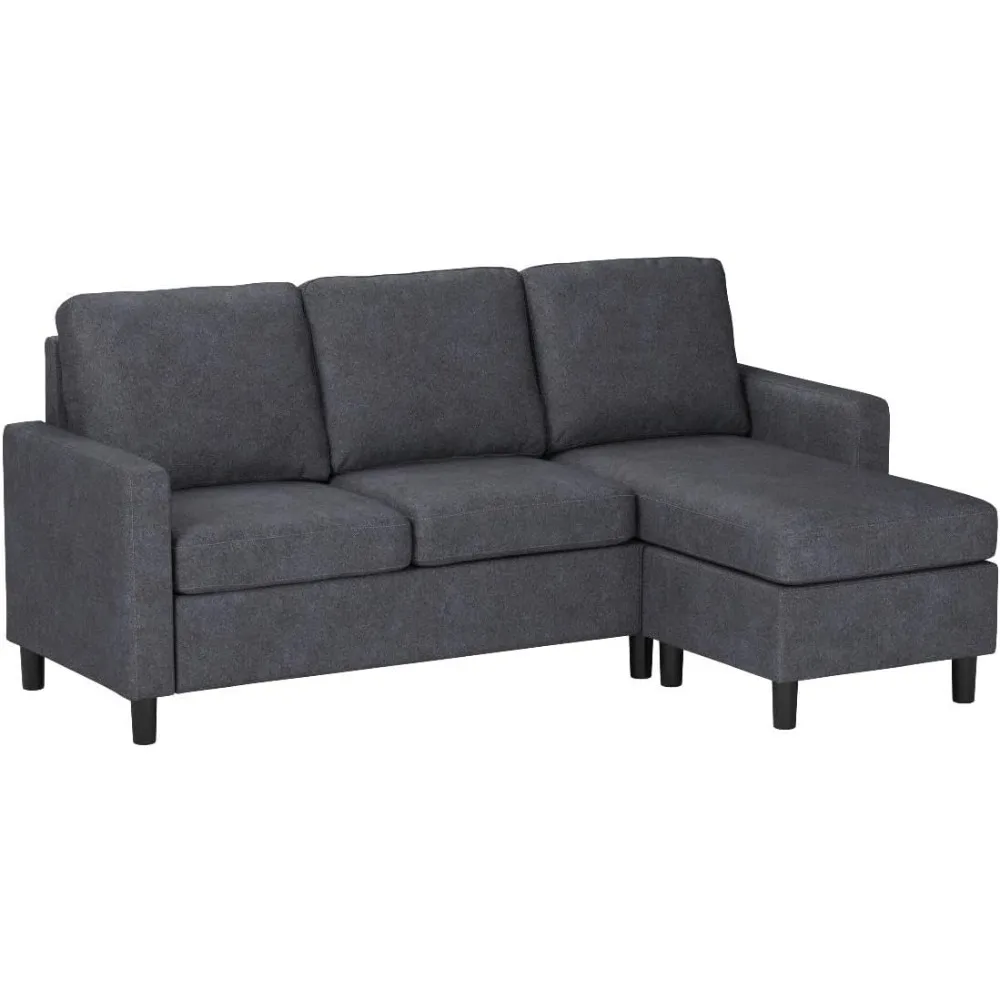 Convertible segmented sofa in living room, L-shaped linen fabric, 3-seater segmented sofa with reversible recliner (dark gray)