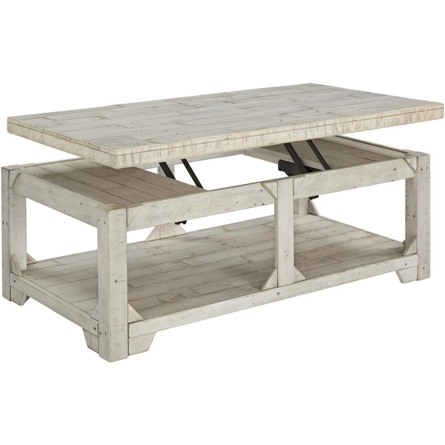 Fregine Farmhouse Rectangular Lift Top Coffee Table with Floor Shelf, Whitewash with Weathered Finish