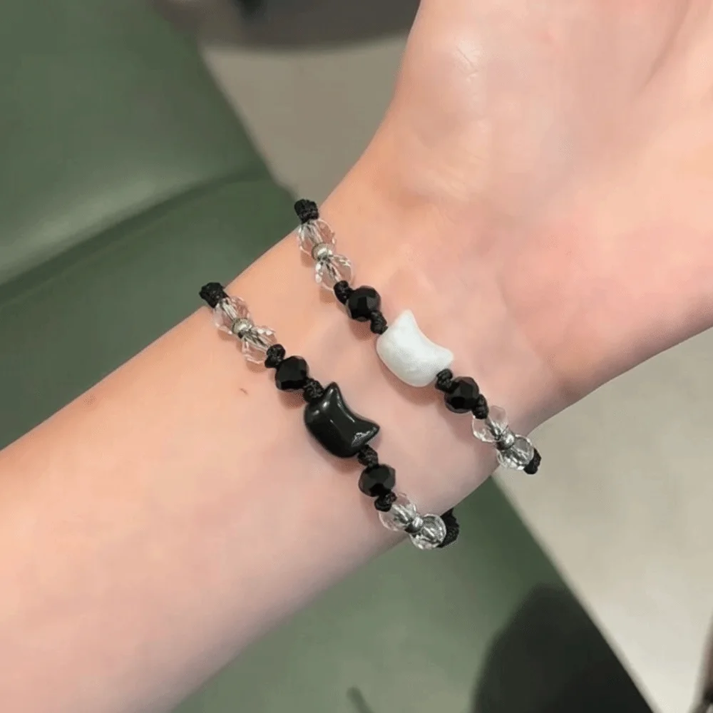 Minimalist Design Couple Bracelet Moonstone Obsidian Black White Rabbit Woven Bracelet Beaded Cute Cat Bracelet Couple Wear