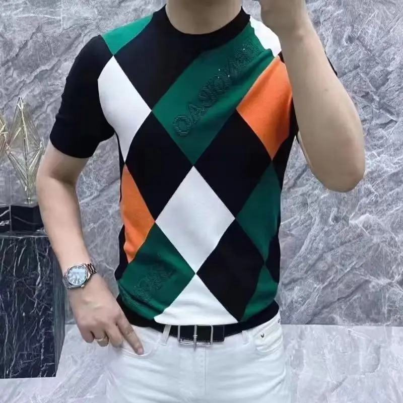 Fashion Round Neck Men Summer Short Sleeved Color Blocking T-shirt Slim Trend Korean Youth Casual All-match Letter Undershirt