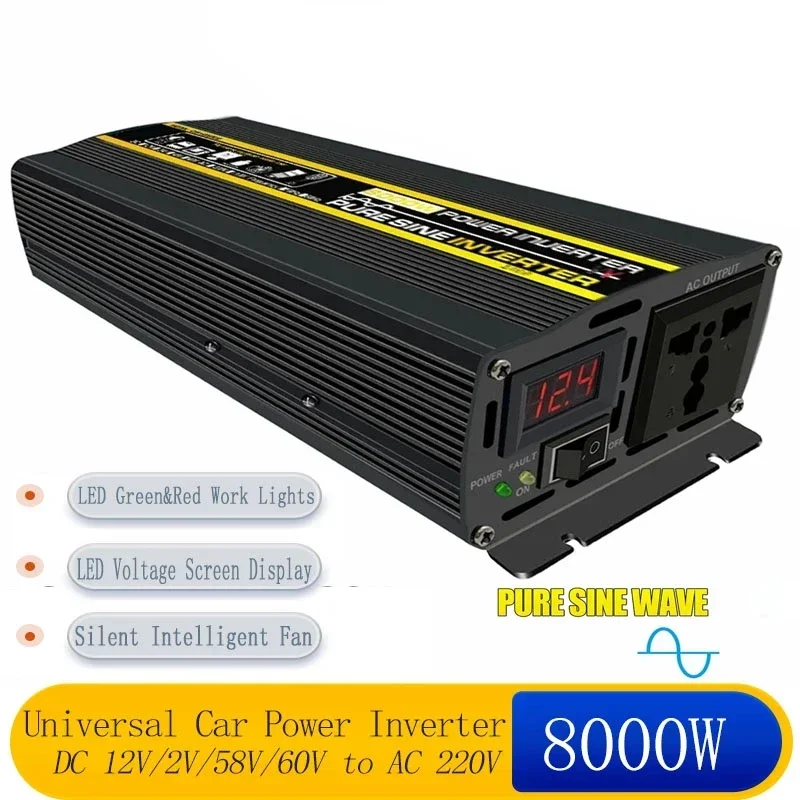 8000W Universal Car Power Inverter Pure Sine Wave 12/24/48/60V to 220V 50Hz Off Grid Voltage Transformer Multi-Sockets Converter