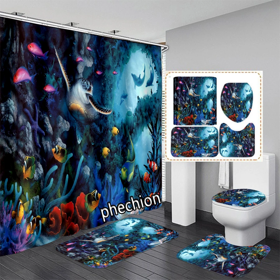 New Sea Turtle3D Print Shower Curtain Waterproof Bathroom Curtain Anti-slip Bath Mat Set Toilet Rugs X26