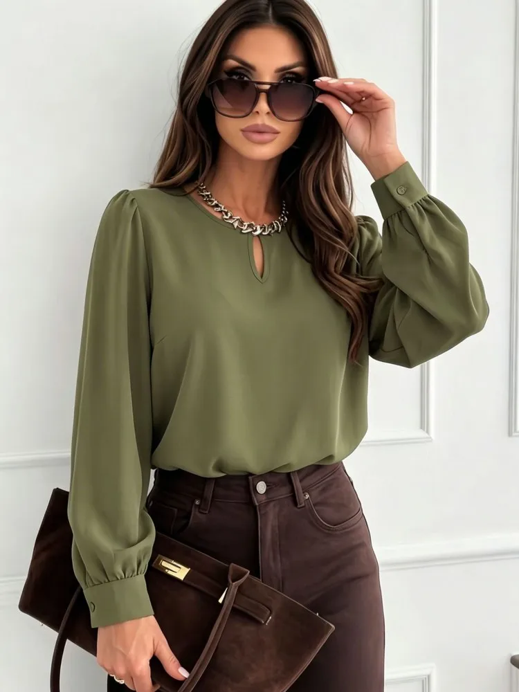XL-4XL Plus Size Autumn Spring Fashion Elegant Solid Color Shirt Blouse O- Neck 3XL 4XL Big Size Women Long Sleeve T-shirt Tops