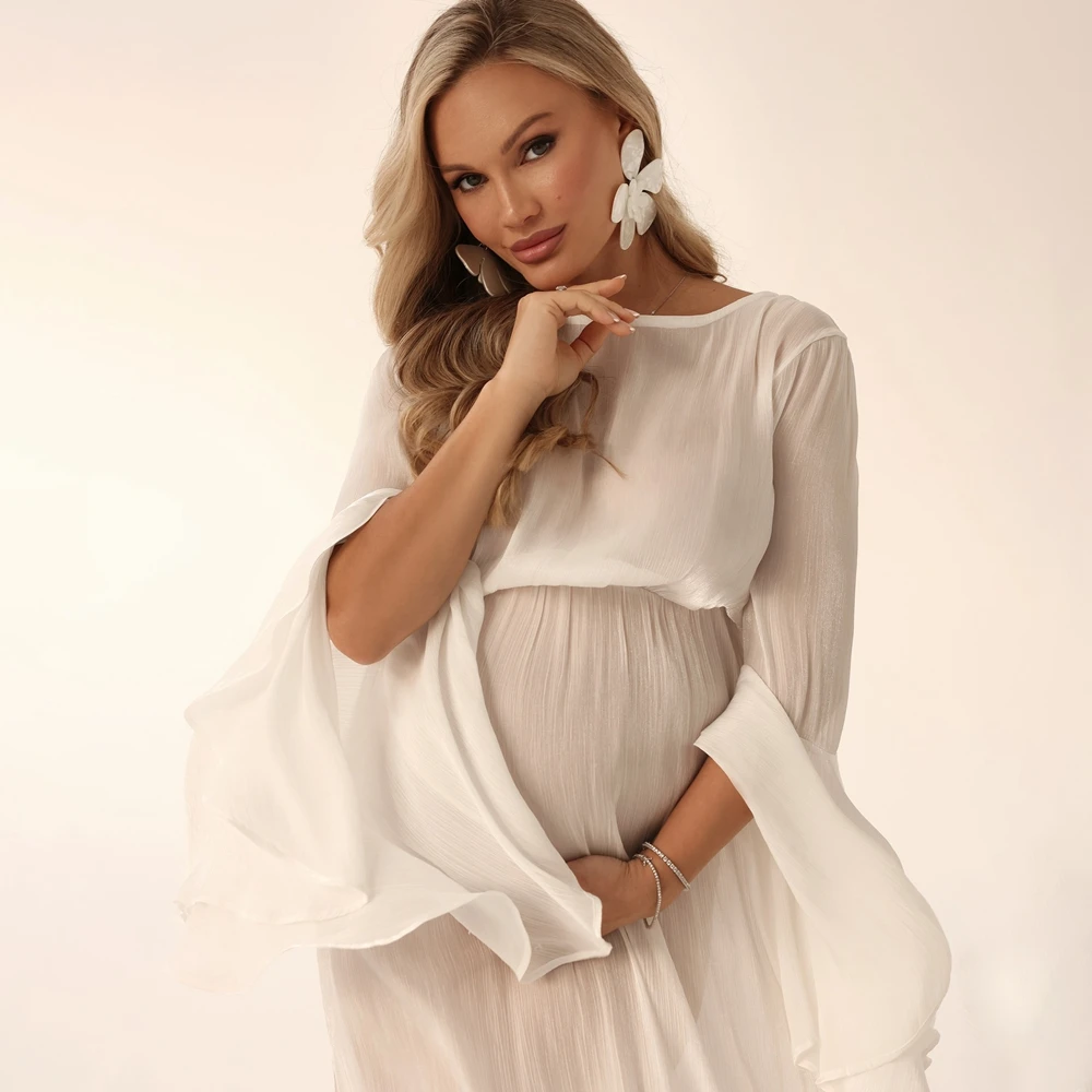 Elegant White Maternity Gown For Photo Shoot Bell Sleeve Chiffon Pregnancy Dress Long Trailing Studio Photography Props