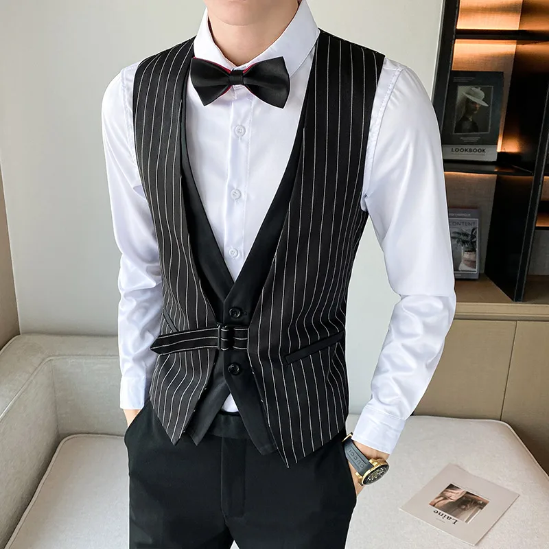 Korean Fashion Striped Vest for Men Slim Business Casual Waistcoat Party Disco Waiter Nightclub Sleeveless Vests Men Clothing