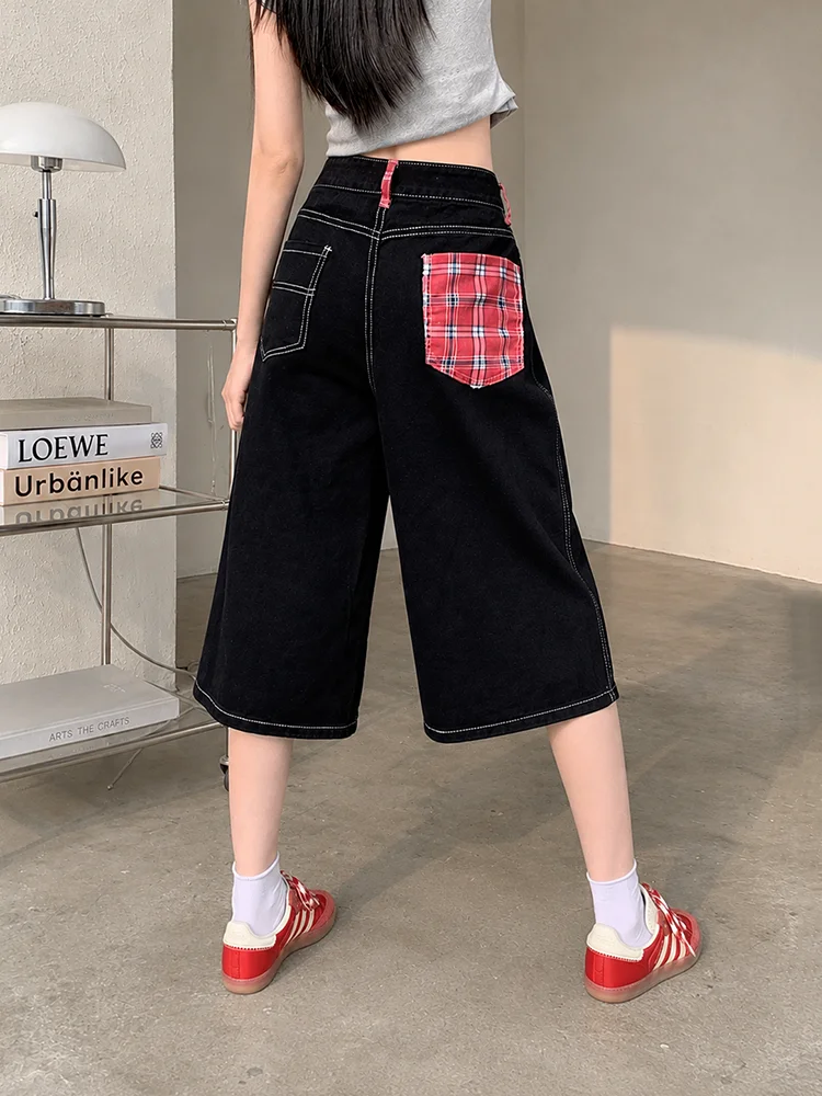 ReddaChic Low Rise Baggy Women's Jean Shorts Emo Summer Black Plain Stitch Straight Denim Bermuda Shorts Punk Vintage Streetwear view 2
