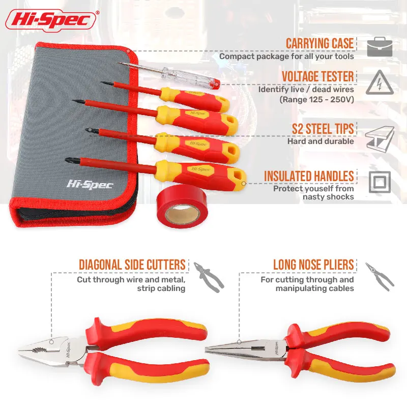 Hi-Spec-juego de destornilladores aislados S2, destornillador magnético de electricista, alicates industriales, Kit de herramientas manuales de reparación