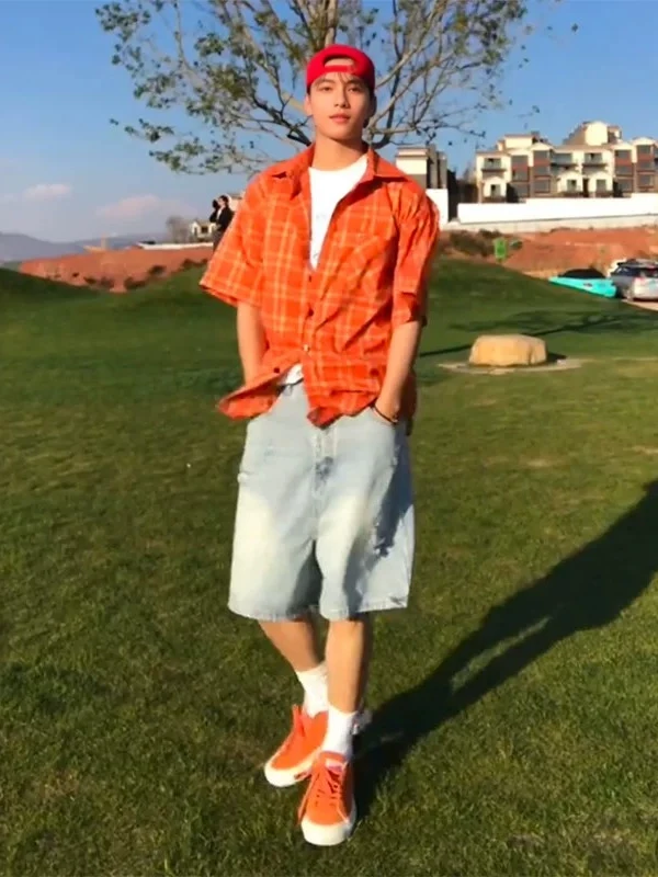 Dopamine Orange Plaid Short Sleeve Men's Casual Shirt Summer American Retro Lazy Style Couple Half Sleeve Top Breathable