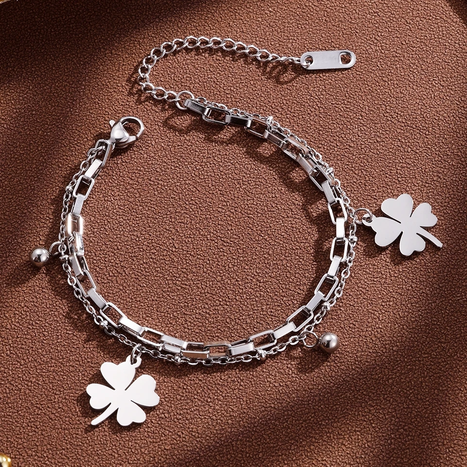 Htpwe Stainless Steel Lucky Four-leaf Clover Round Bead Bracelet Women's Plated 18k Couple's Holiday Gift Bracelet Party Jewelry image 2