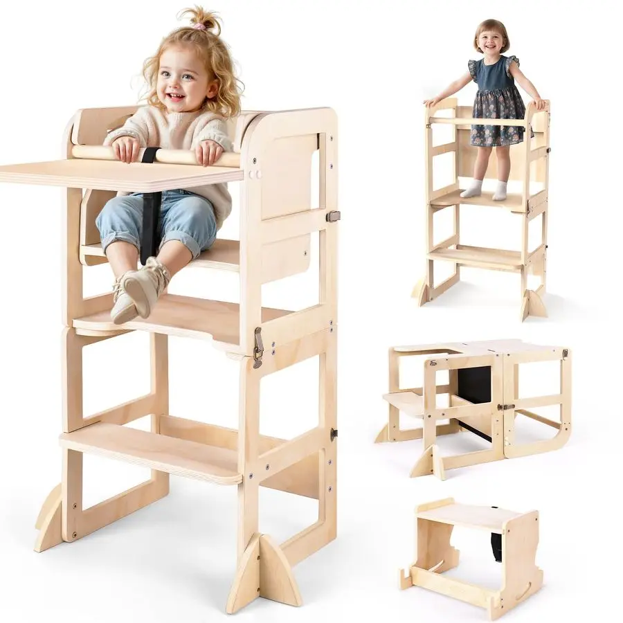 Taburete de Cocina 6 en 1 para Niños Pequeños con Taburete de Madera, Torre de Aprendizaje Plegable con Pizarra y Bandeja de Alimentación, Cocina de Madera