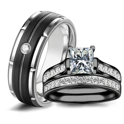 Fashion Couple Rings Women's White Rhinestones Zircon Ring Sets Men's Stainless Steel Zircon Stones Rings Wedding Band Jewelry