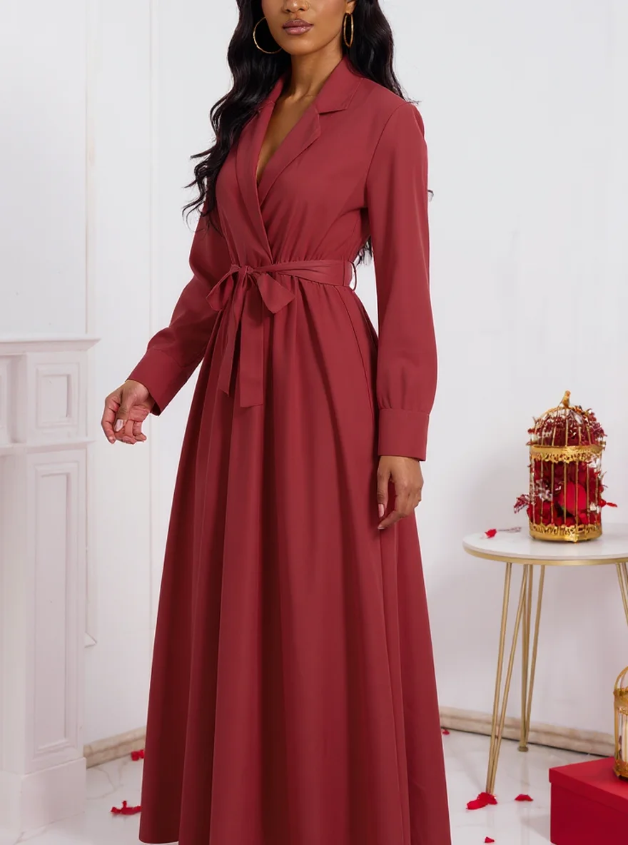 Dames lente herfst bordeaux blazer kraag lange mouw zelfbindende taille satijnen elegante maxi-jurk