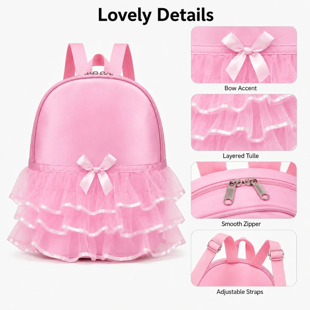 Cute Pink Puffy Skirt Bow Backpack, Multi-Layer Princess Ruffle Tulle Design, Sweet Birthday & Christmas Gift for Daily, Outdoor