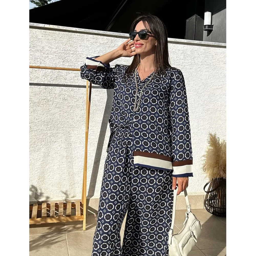 빈티지 프린트 팬츠 세트 봄 가을 여성 셔츠 + 와이드 레그 트라우저 투피스 세트 패션 트렌디 스트릿웨어 여성 정장 2025