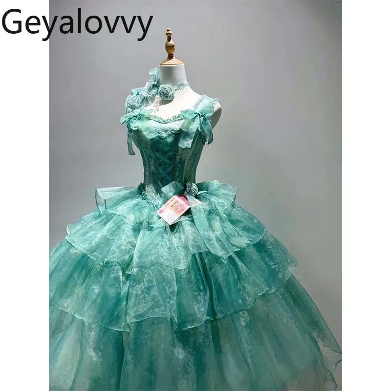 Zielona Lolita Sukienka Wieczorowa Długa z Wysokim Stanem, Dopasowana, Letnia Słodka Dziewczęca Sukienka na Urodziny, Super Wróżkowa Sukienka Księżniczki z Kokardą