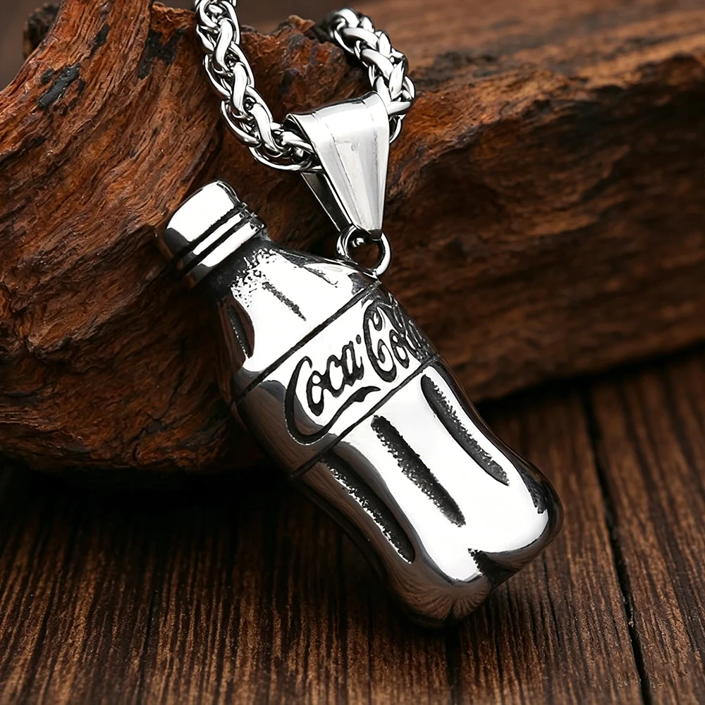 Soda Bottle Pendant Necklace Unisex Antique Stainless Steel Street Style Novelty Charm Collector Jewelry Gift Dropshipping