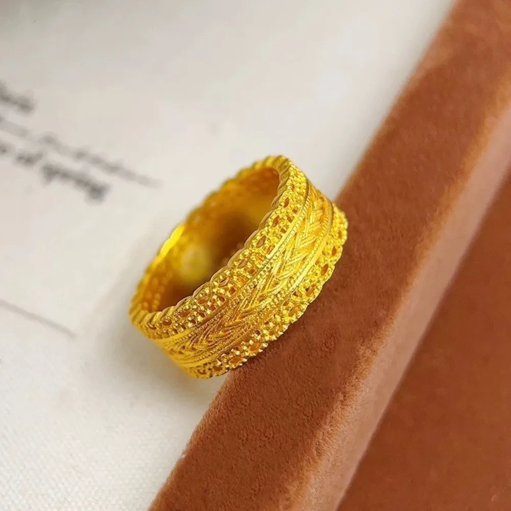 Elegant Sandy Gold Filigree Ring Weave Design Adjustable Banquet Jewelry Tassel Lace Edge Chinese Style Hollow Ring