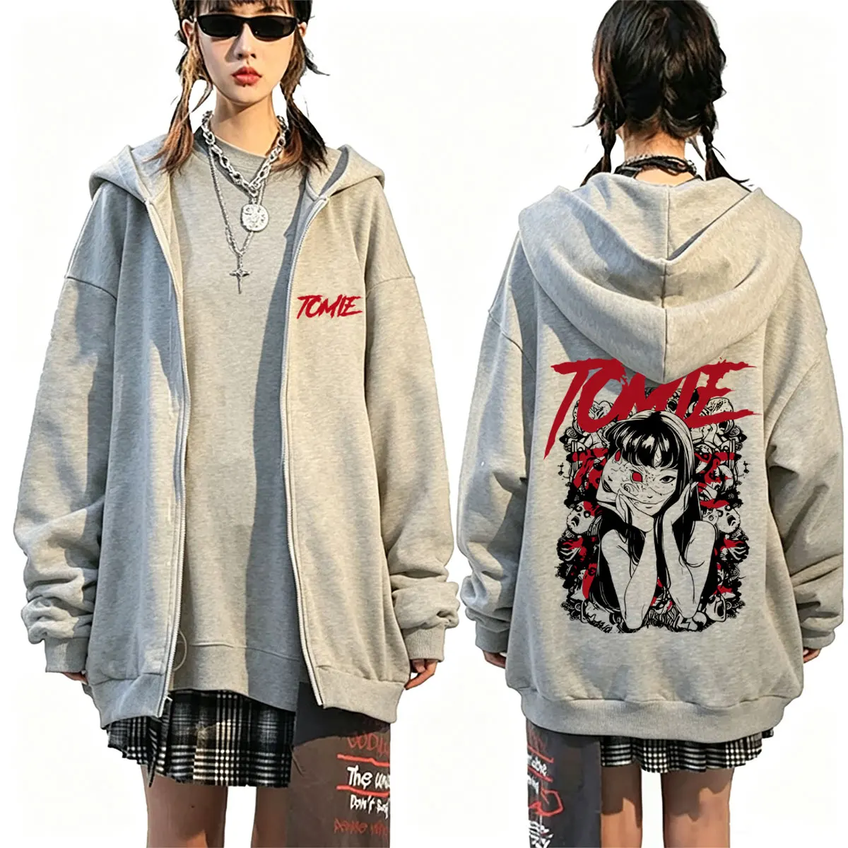 Japanischer Anime Tomie Junji Ito Reißverschluss-Hoodie für Männer und Frauen Vintage Manga Horror Zip-Up-Jacke Unisex Casual Fleece Zip-Up-Sweatshirt – Detail 2