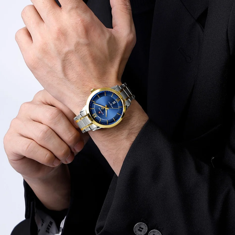 

NAVIFORCE Роскошные мужские водонепроницаемые часы 30 м, деловые повседневные часы с ремешком из нержавеющей стали, мужские кварцевые наручные часы с дисплеем даты