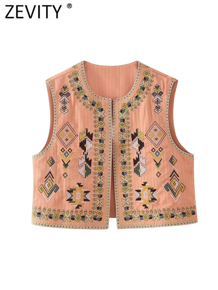 Zevity 2024 Women National Style Geometric Embroidery Open Stitch Short Vest Jacket Ladies Retro Cardigan WaistCoat Tops CT6294