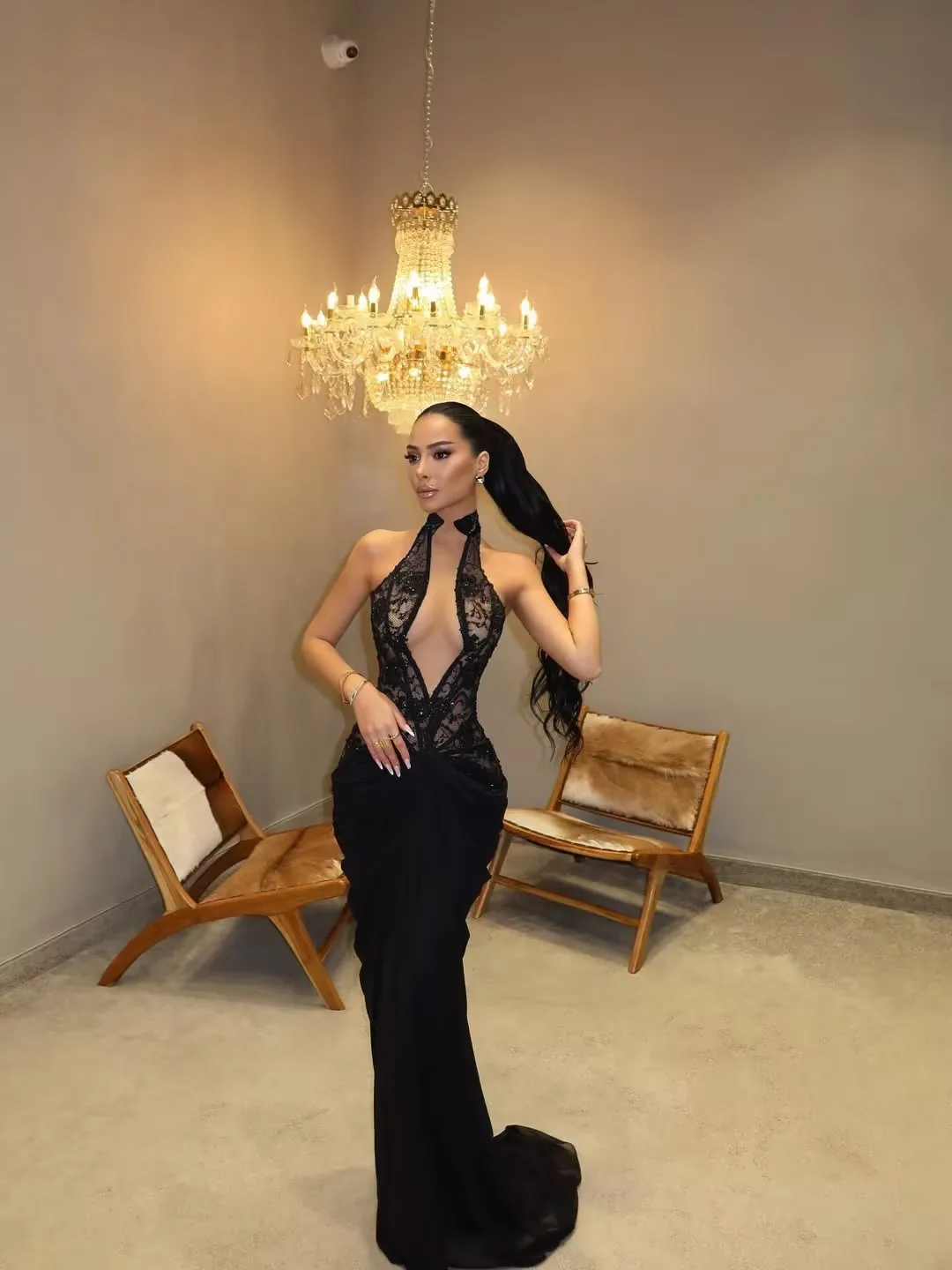 

Verngo Sexy Lace Mermaid Evening Dress Halter Cut Out Maxi Modern Prom Dresses Elegant Party Gowns Customized