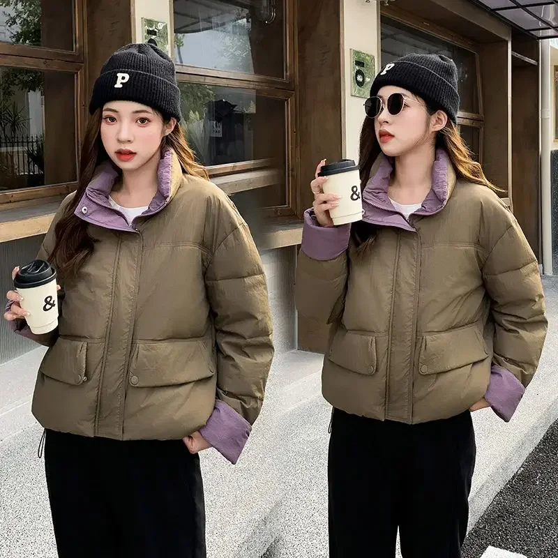 Winter Cotton Coat Women Puffer Jacket Short Blouse Tops Warm Windproof Patchwork High-end Design Parkas Zipper Black Outerwear