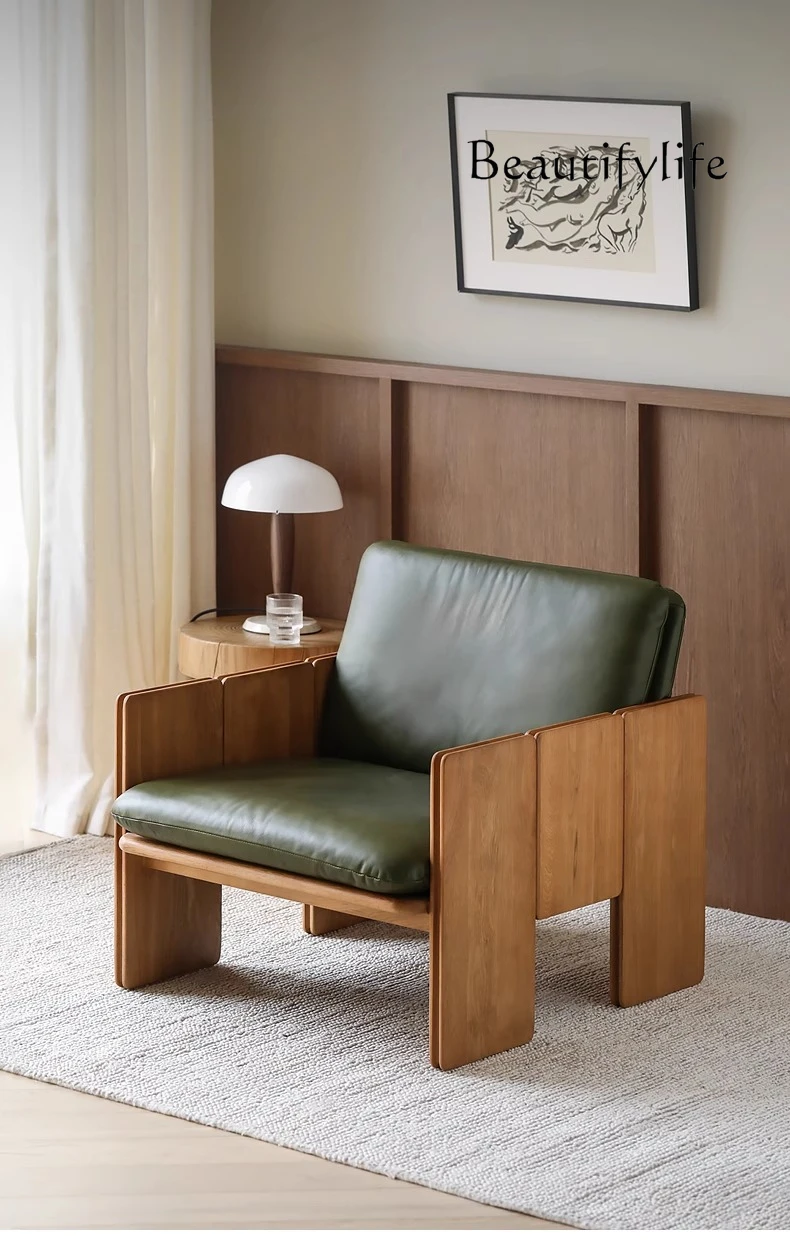 

Nordic expression medieval leather solid wood single sofa leisure chair home comfort and advanced sense