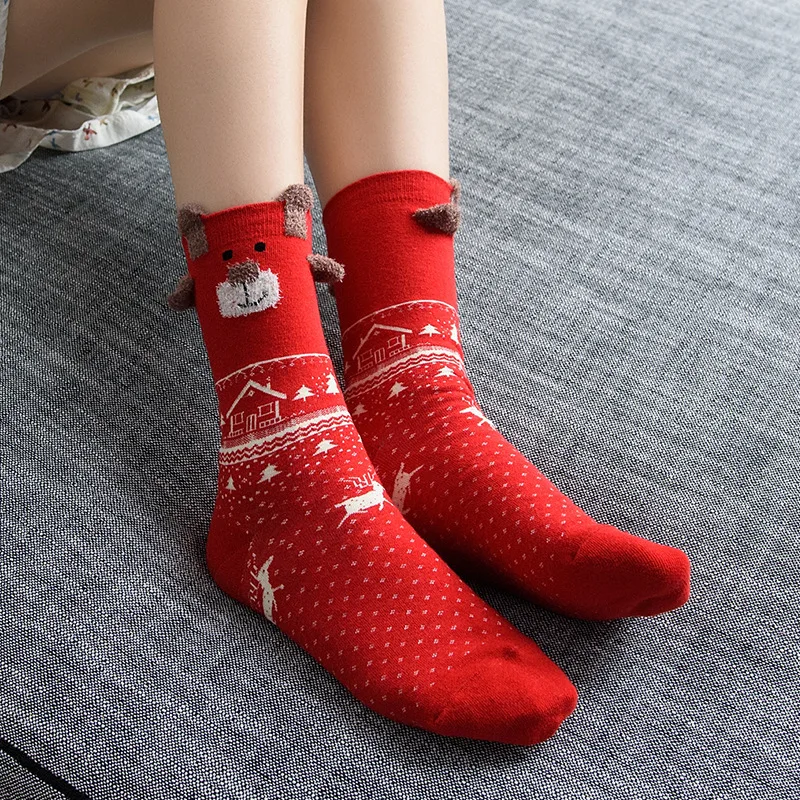 Autumn Winter Women\'s Casual Red Lovely Christmas Elk Cotton Comfortable Cartoon Sweatwicking Stockings For Girls\' Kawai Gift