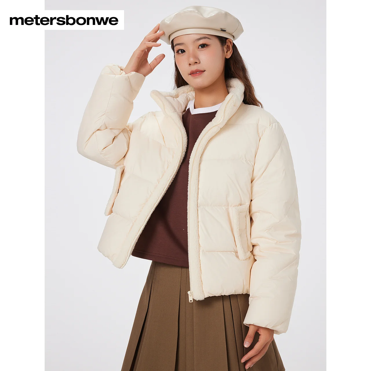 Metersbonwe-Women\'s Jacket Puffer Stand Collar Loose Duck Down Short Jacket Commute Elegant Office Lady Winter  Warm Wear