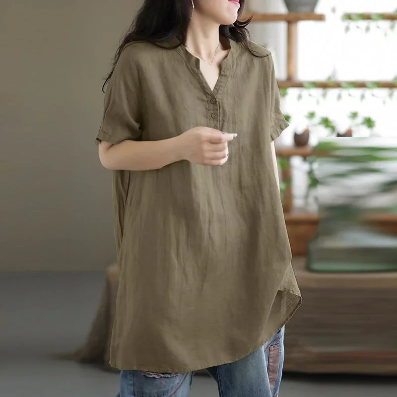 Women Single-breasted Small V Neck Pullover Shirt Comfortable Casual Solid Color Blouse Female Simple Style Loose Long Tops 2024