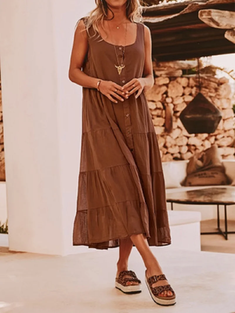 

European and American Retro Round Neck Dress Women's Summer Single-breasted Loose Stitching Cake Long Dress Casual Vessel Dress